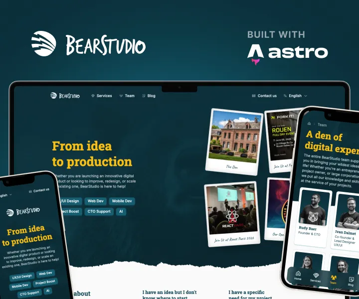 BearStudio website displayed on multiple devices to show the different pages of the website